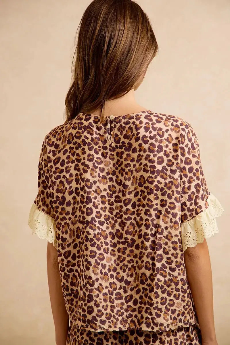 BiBi Leopard and Eyelet Lace Ruffled Top and Shorts Set by Trendsi