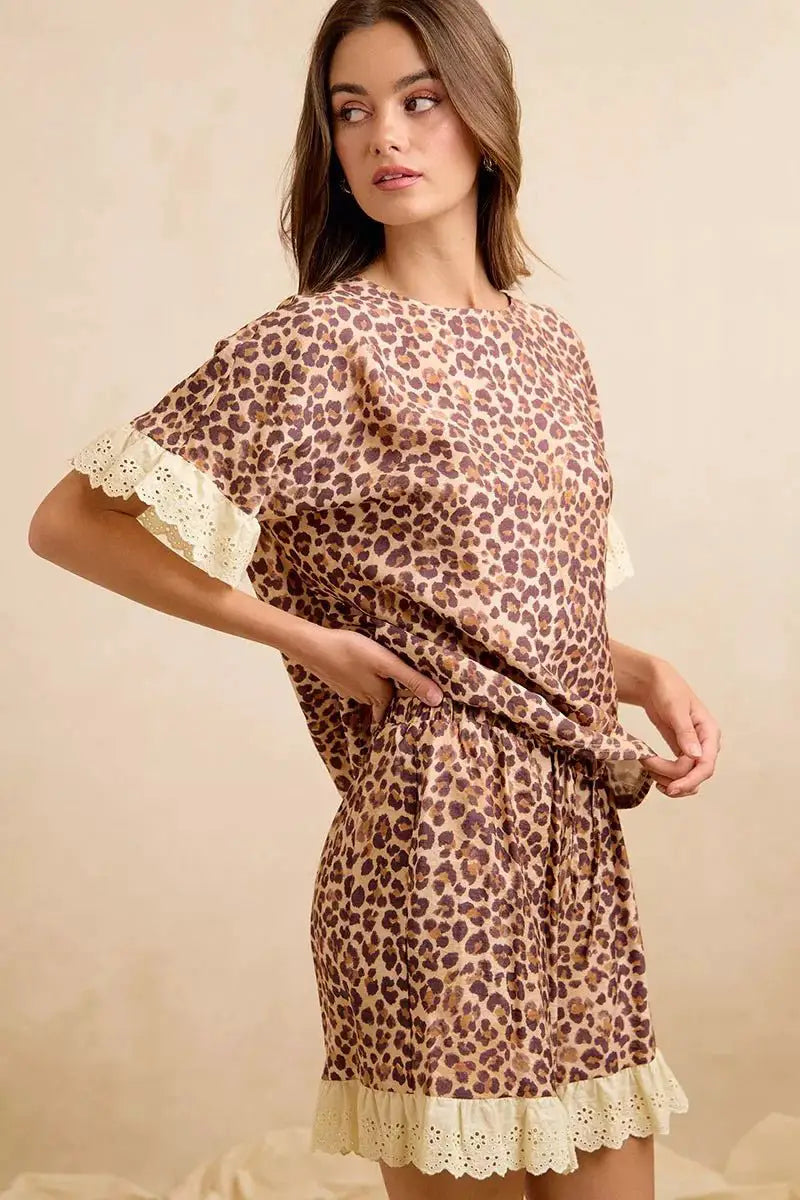 BiBi Leopard and Eyelet Lace Ruffled Top and Shorts Set by Trendsi