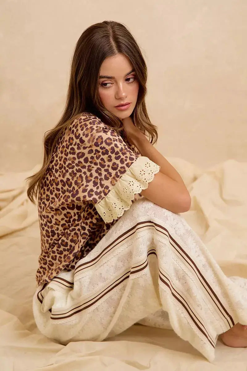 BiBi Leopard and Eyelet Lace Ruffled Top and Shorts Set by Trendsi