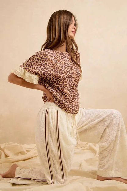 BiBi Leopard and Eyelet Lace Ruffled Top and Shorts Set by Trendsi