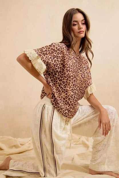 BiBi Leopard and Eyelet Lace Ruffled Top and Shorts Set by Trendsi