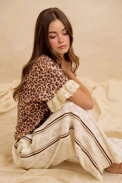 BiBi Leopard and Eyelet Lace Ruffled Top and Shorts Set by Trendsi