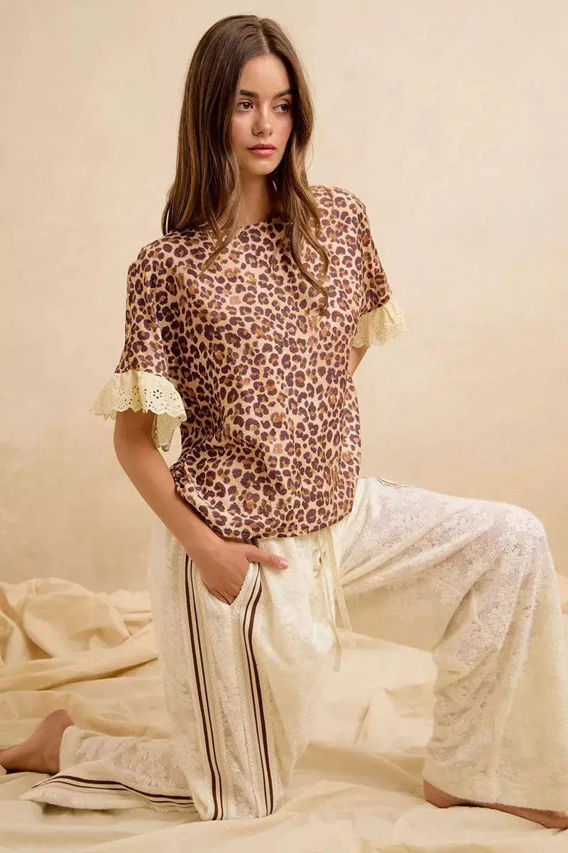 BiBi Leopard and Eyelet Lace Ruffled Top and Shorts Set by Trendsi