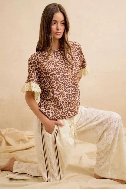 BiBi Leopard and Eyelet Lace Ruffled Top and Shorts Set by Trendsi