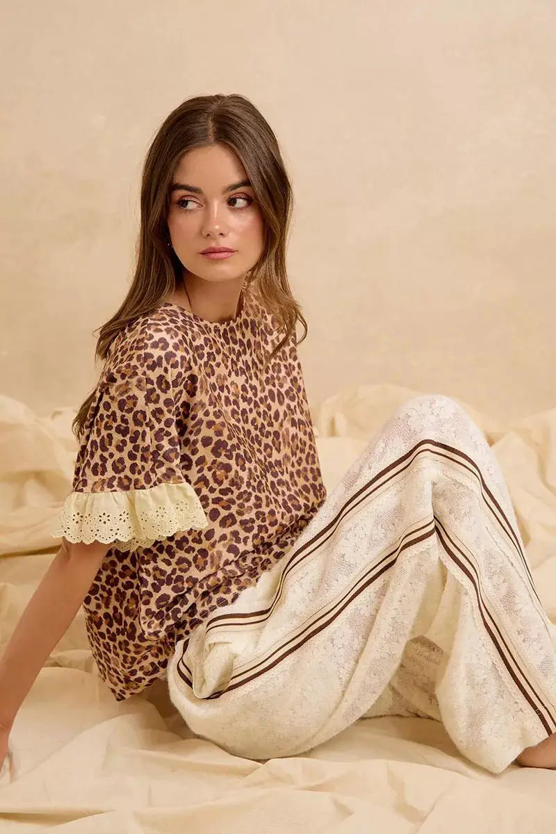 BiBi Leopard and Eyelet Lace Ruffled Top and Shorts Set by Trendsi