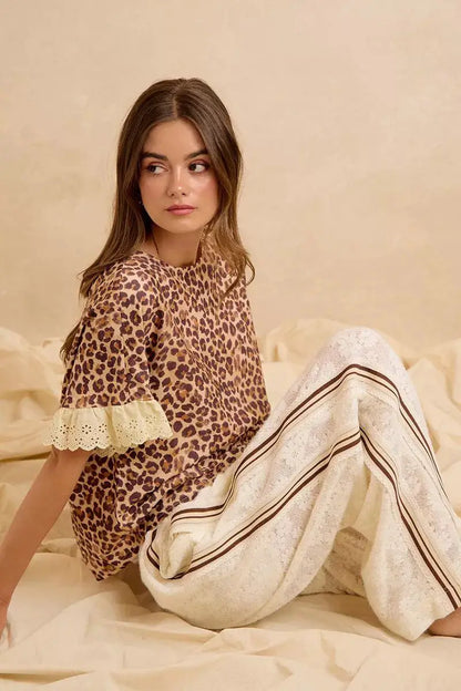 BiBi Leopard and Eyelet Lace Ruffled Top and Shorts Set by Trendsi