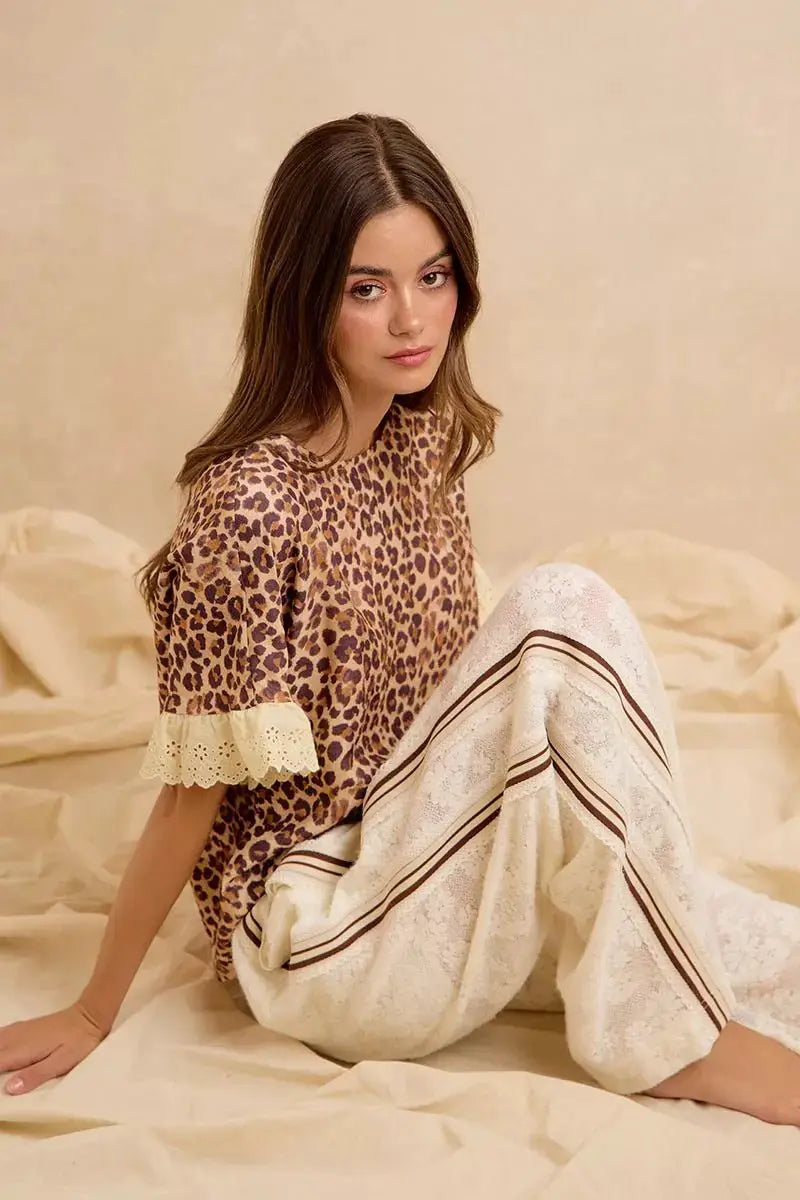 BiBi Leopard and Eyelet Lace Ruffled Top and Shorts Set by Trendsi