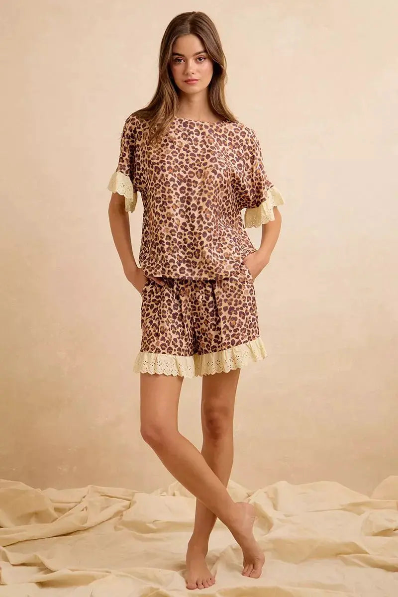 BiBi Leopard and Eyelet Lace Ruffled Top and Shorts Set by Trendsi