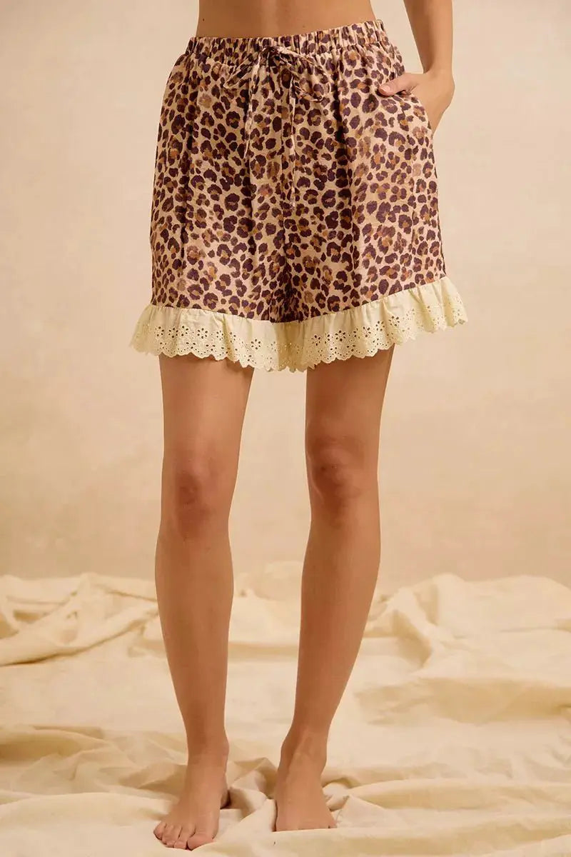 BiBi Leopard and Eyelet Lace Ruffled Top and Shorts Set by Trendsi