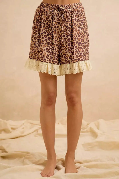 BiBi Leopard and Eyelet Lace Ruffled Top and Shorts Set by Trendsi