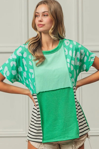 BiBi Leopard and Stripe Color Block Top With Exposed Seam - Bitsy Gypsy Boutique