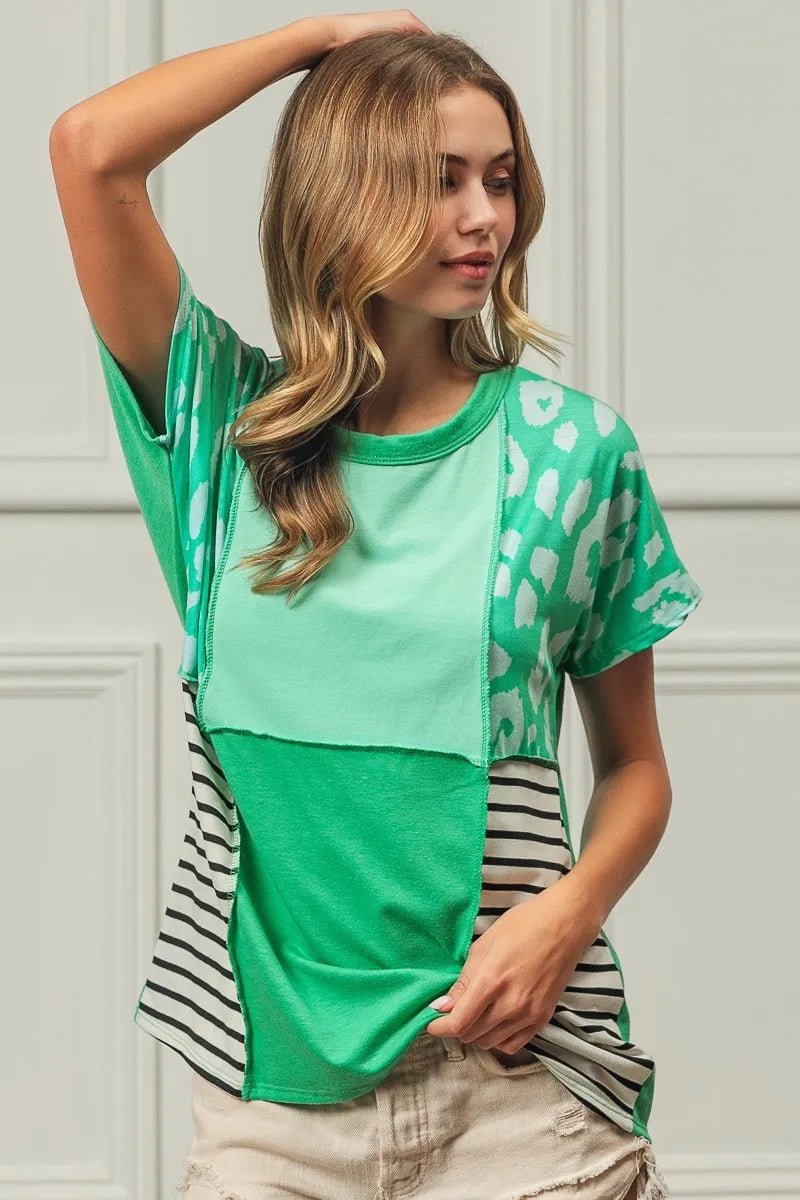 BiBi Leopard and Stripe Color Block Top With Exposed Seam - Bitsy Gypsy Boutique