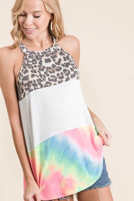 BiBi Leopard and Tie Dye Block Halter Neck Top - Bitsy Gypsy Boutique