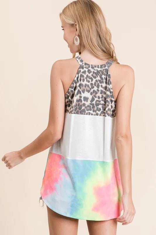BiBi Leopard and Tie Dye Block Halter Neck Top - Bitsy Gypsy Boutique