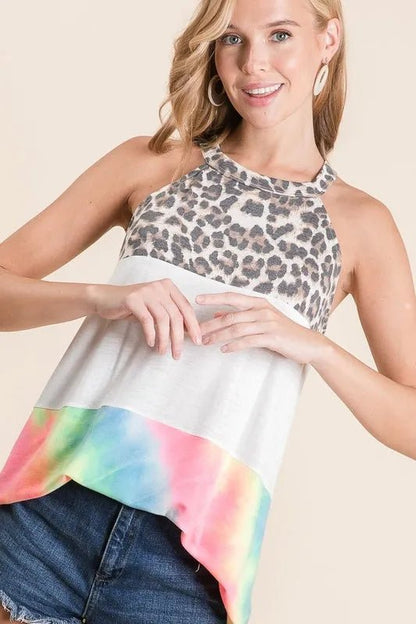 BiBi Leopard and Tie Dye Block Halter Neck Top - Bitsy Gypsy Boutique