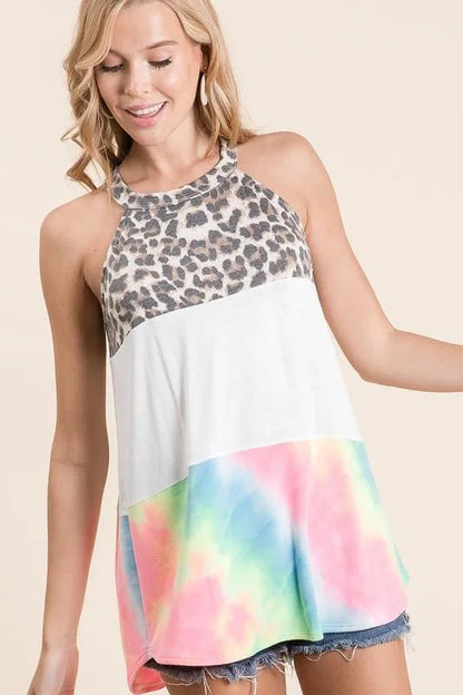 BiBi Leopard and Tie Dye Block Halter Neck Top - Bitsy Gypsy Boutique