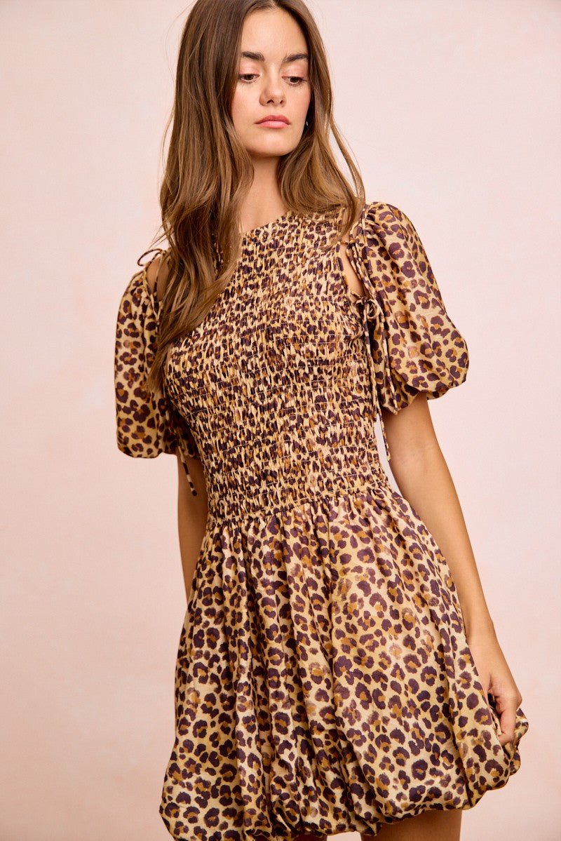 BiBi Leopard Bow Tie Attachable Puff Sleeves Dress - Bitsy Gypsy Boutique