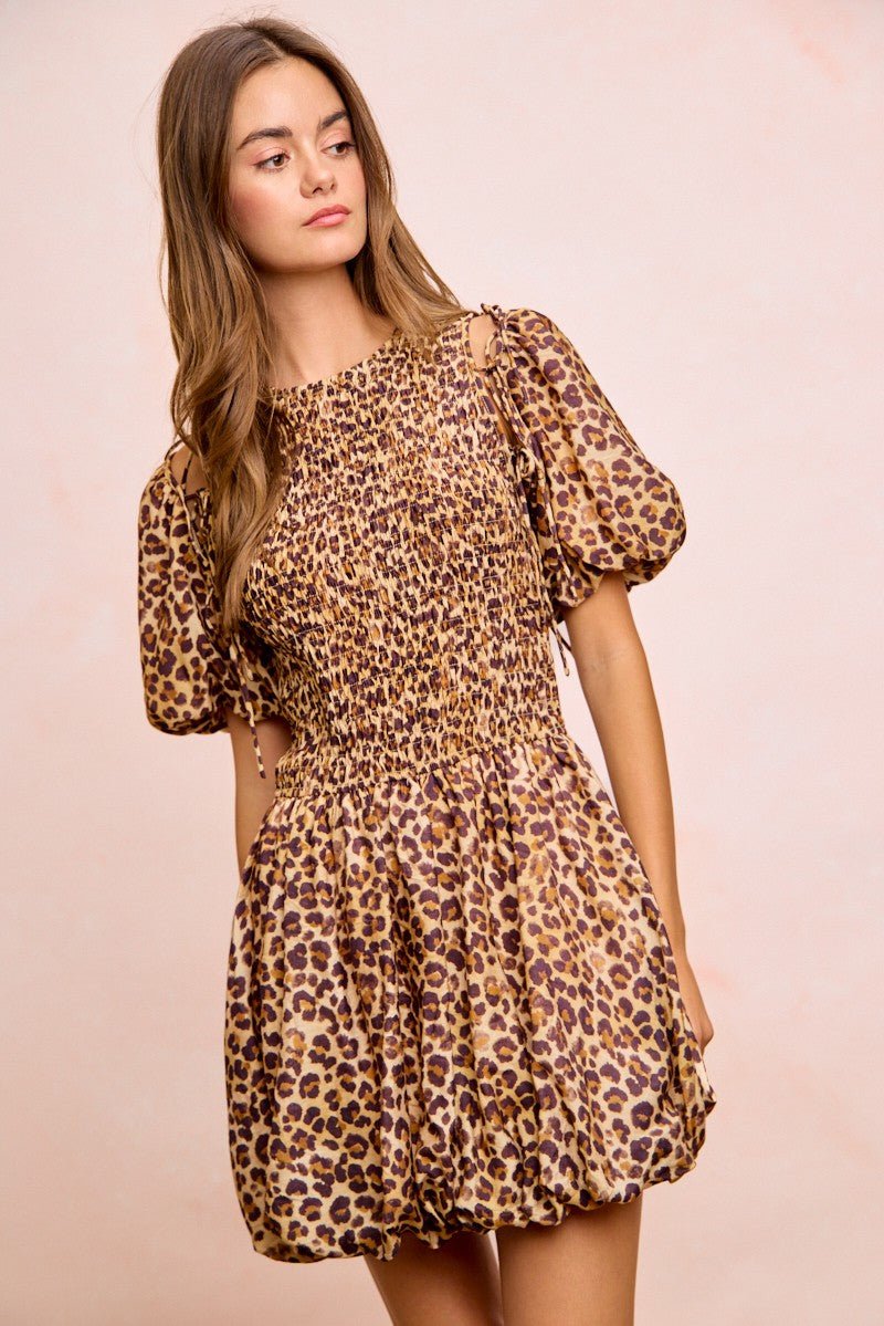 BiBi Leopard Bow Tie Attachable Puff Sleeves Dress - Bitsy Gypsy Boutique