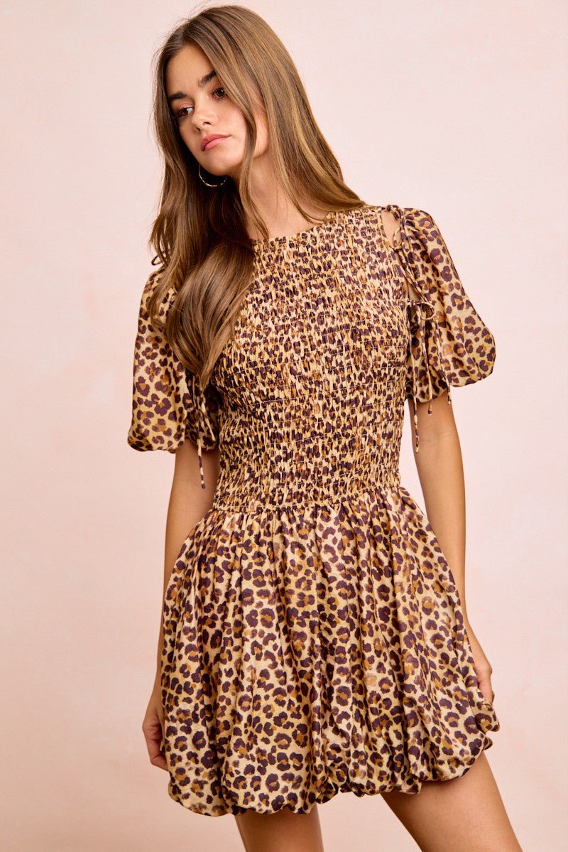BiBi Leopard Bow Tie Attachable Puff Sleeves Dress - Bitsy Gypsy Boutique