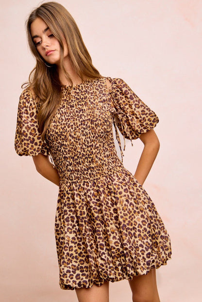 BiBi Leopard Bow Tie Attachable Puff Sleeves Dress - Bitsy Gypsy Boutique
