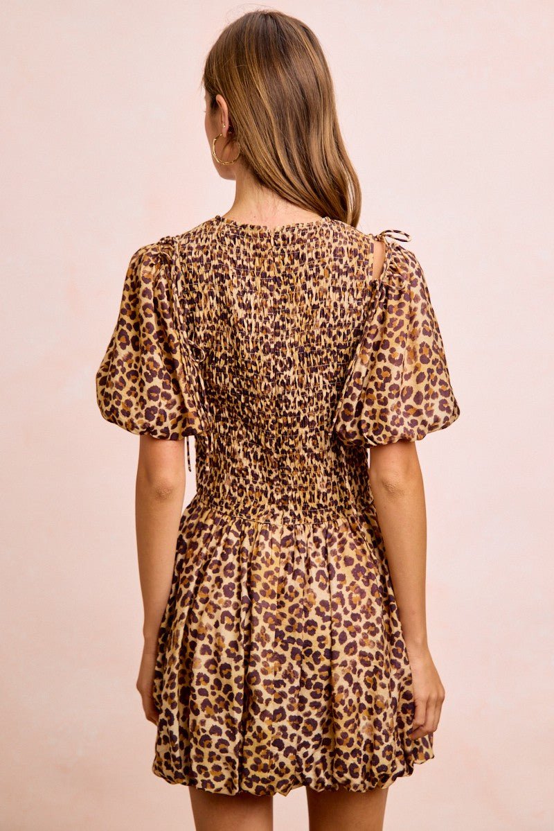 BiBi Leopard Bow Tie Attachable Puff Sleeves Dress - Bitsy Gypsy Boutique