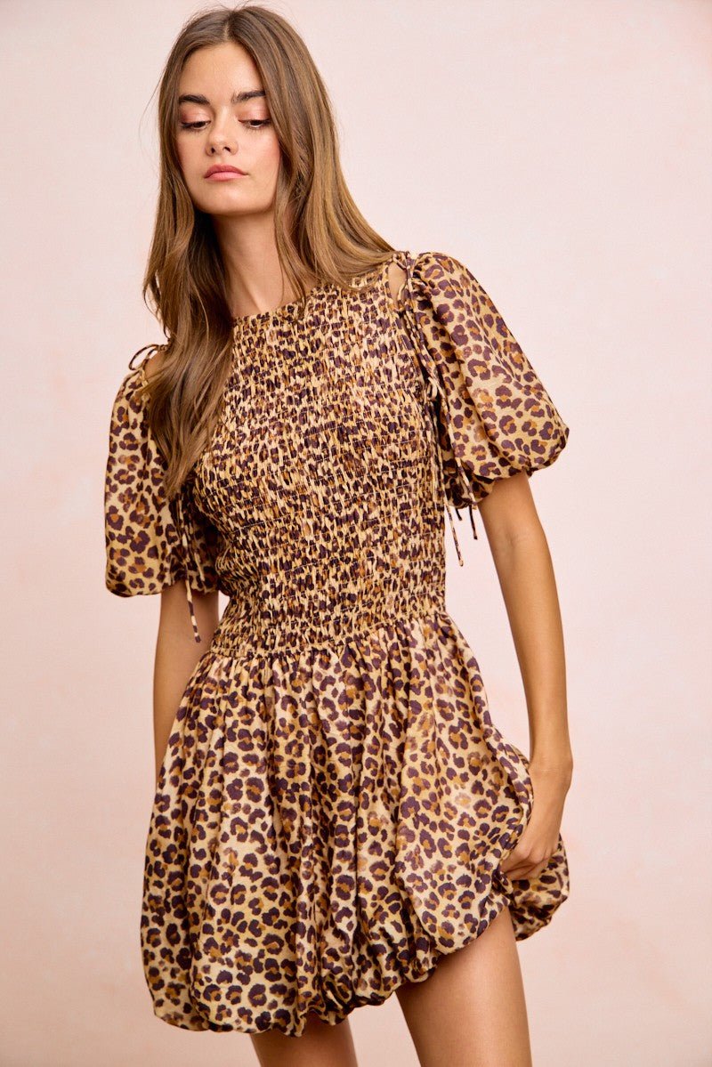 BiBi Leopard Bow Tie Attachable Puff Sleeves Dress - Bitsy Gypsy Boutique