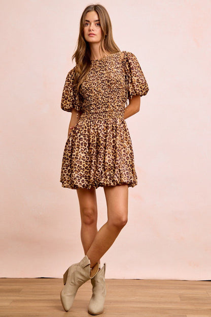 BiBi Leopard Bow Tie Attachable Puff Sleeves Dress - Bitsy Gypsy Boutique