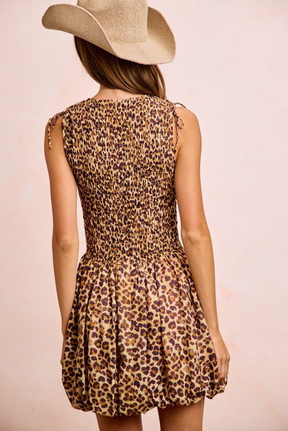 BiBi Leopard Bow Tie Attachable Puff Sleeves Dress - Bitsy Gypsy Boutique