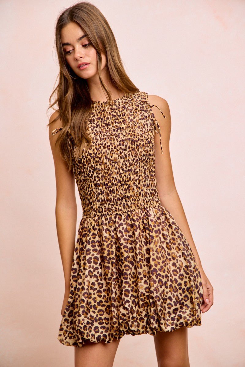 BiBi Leopard Bow Tie Attachable Puff Sleeves Dress - Bitsy Gypsy Boutique