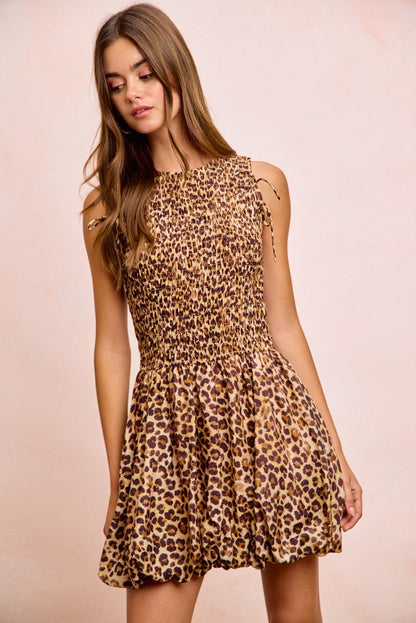 BiBi Leopard Bow Tie Attachable Puff Sleeves Dress - Bitsy Gypsy Boutique