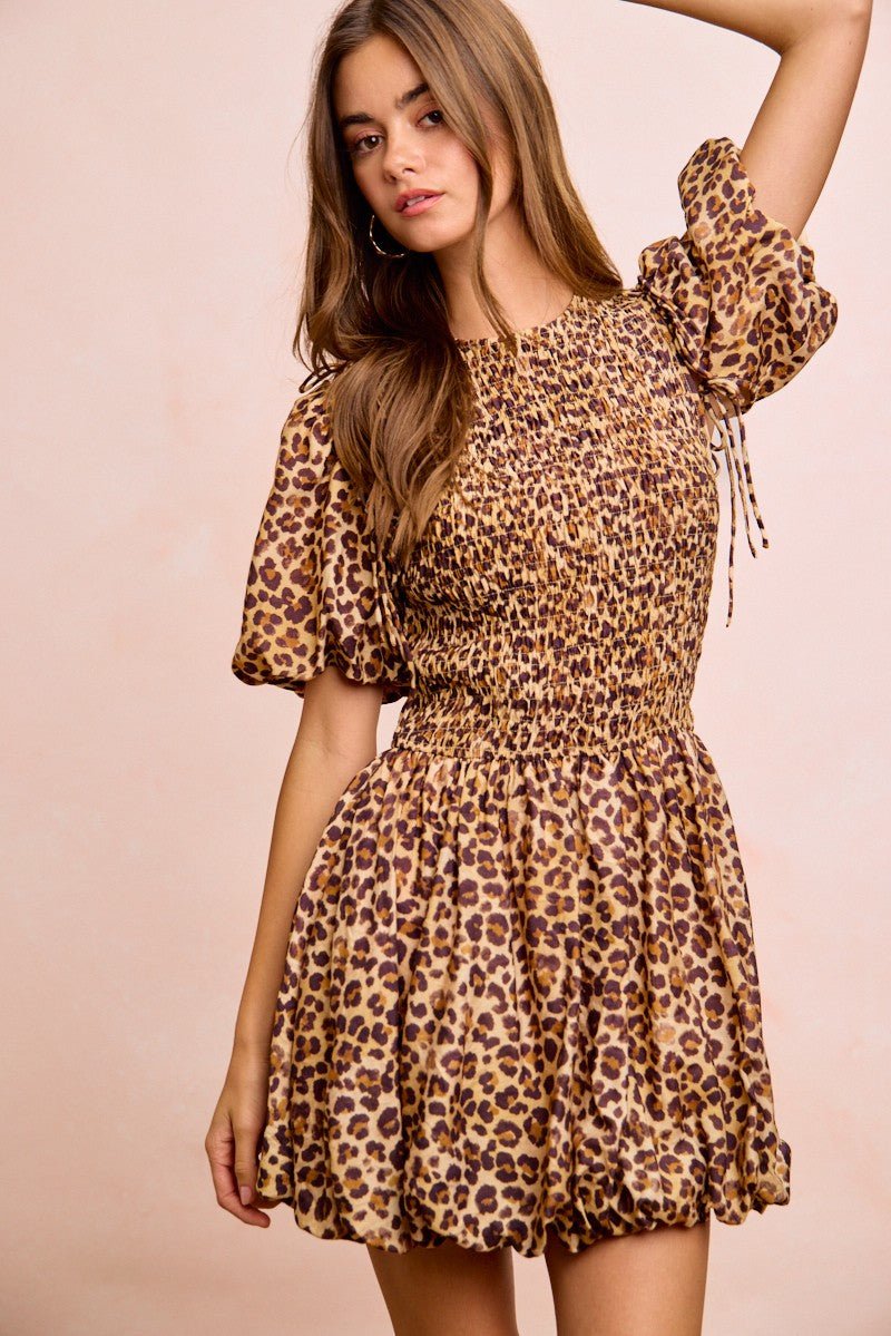 BiBi Leopard Bow Tie Attachable Puff Sleeves Dress - Bitsy Gypsy Boutique
