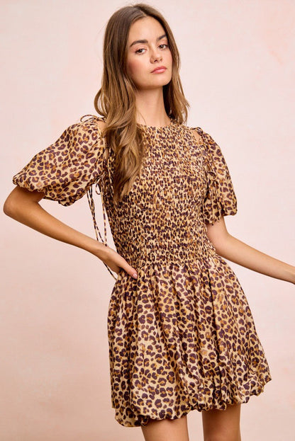 BiBi Leopard Bow Tie Attachable Puff Sleeves Dress - Bitsy Gypsy Boutique