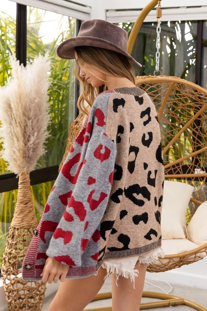 BiBi Leopard Color Block Button Down Sweater Cardigan - Bitsy Gypsy Boutique