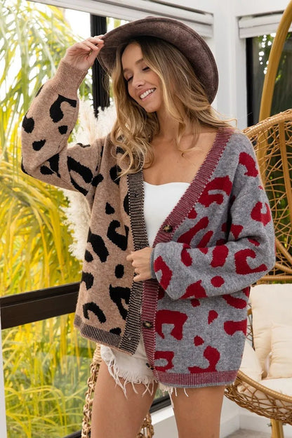 BiBi Leopard Color Block Button Down Sweater Cardigan - Bitsy Gypsy Boutique