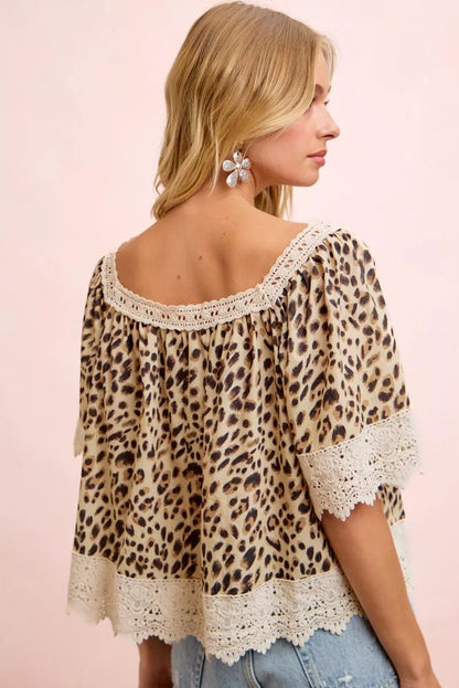 BiBi Leopard Lace Mix And Match Square Neckline Top - Bitsy Gypsy Boutique