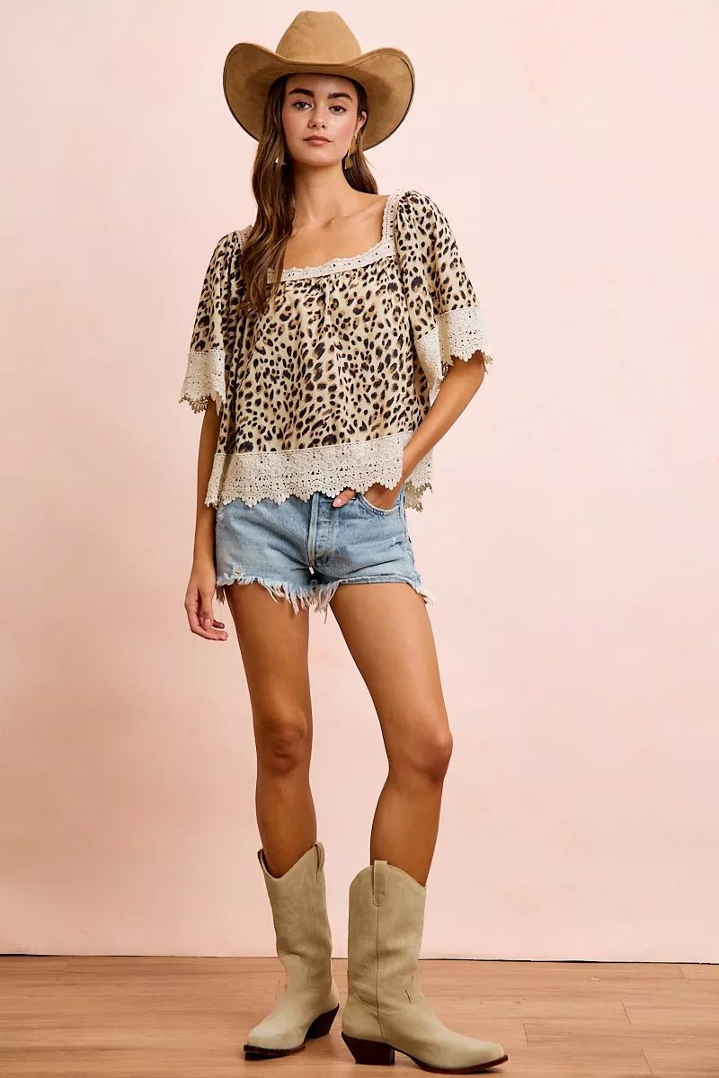 BiBi Leopard Lace Mix And Match Square Neckline Top - Bitsy Gypsy Boutique