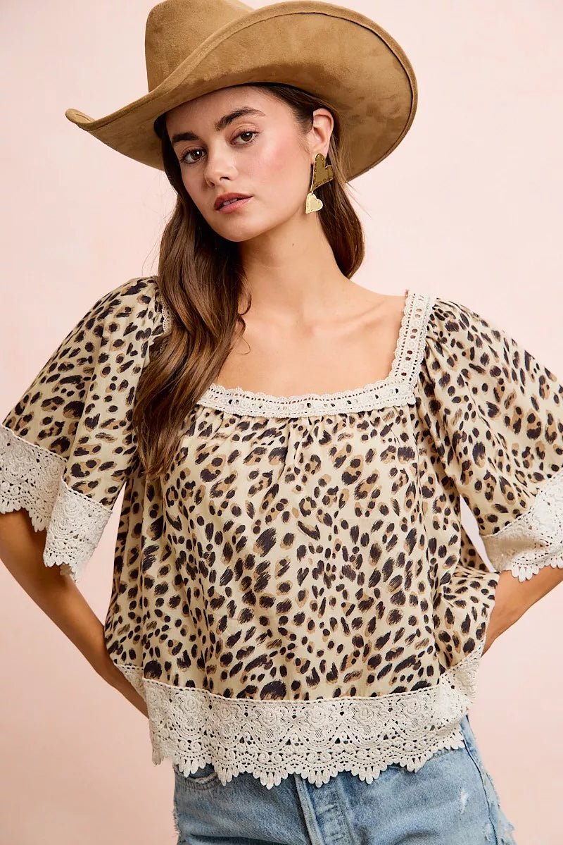 BiBi Leopard Lace Mix And Match Square Neckline Top - Bitsy Gypsy Boutique