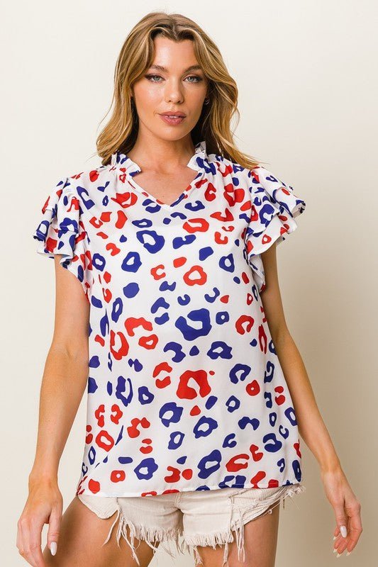 BiBi Leopard Notched Ruffled Cap Sleeve Blouse - Bitsy Gypsy Boutique