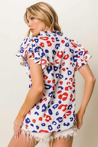 BiBi Leopard Notched Ruffled Cap Sleeve Blouse - Bitsy Gypsy Boutique