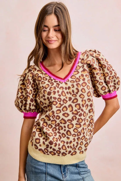 BiBi Leopard Pattern Puff Sleeve V - neck Sweater Top - Bitsy Gypsy Boutique