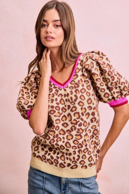 BiBi Leopard Pattern Puff Sleeve V - neck Sweater Top - Bitsy Gypsy Boutique