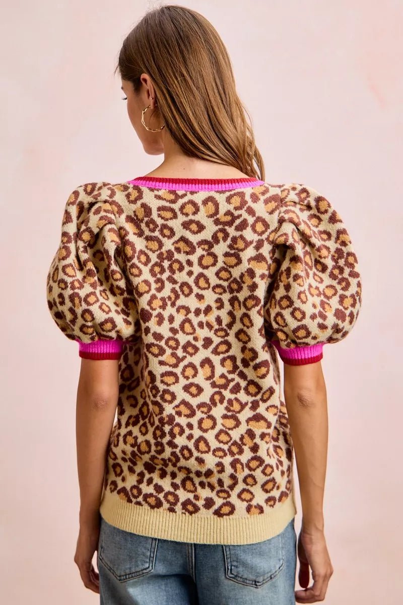 BiBi Leopard Pattern Puff Sleeve V - neck Sweater Top - Bitsy Gypsy Boutique