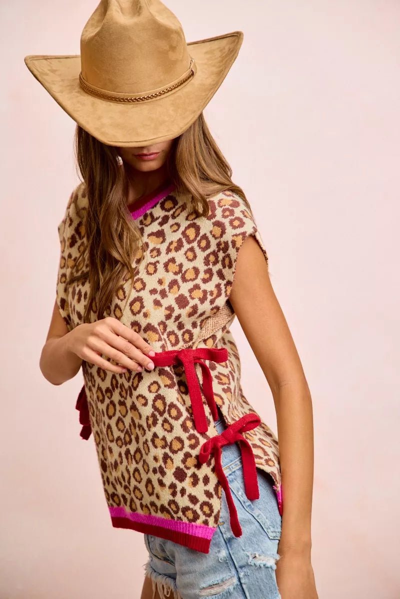 BiBi Leopard Pattern Side Tied Sweater Vest Top - Bitsy Gypsy Boutique