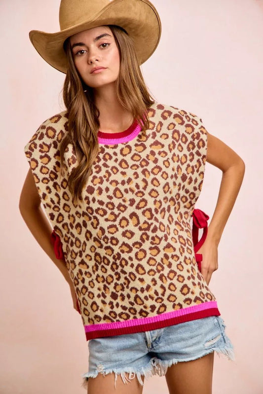 BiBi Leopard Pattern Side Tied Sweater Vest Top - Bitsy Gypsy Boutique