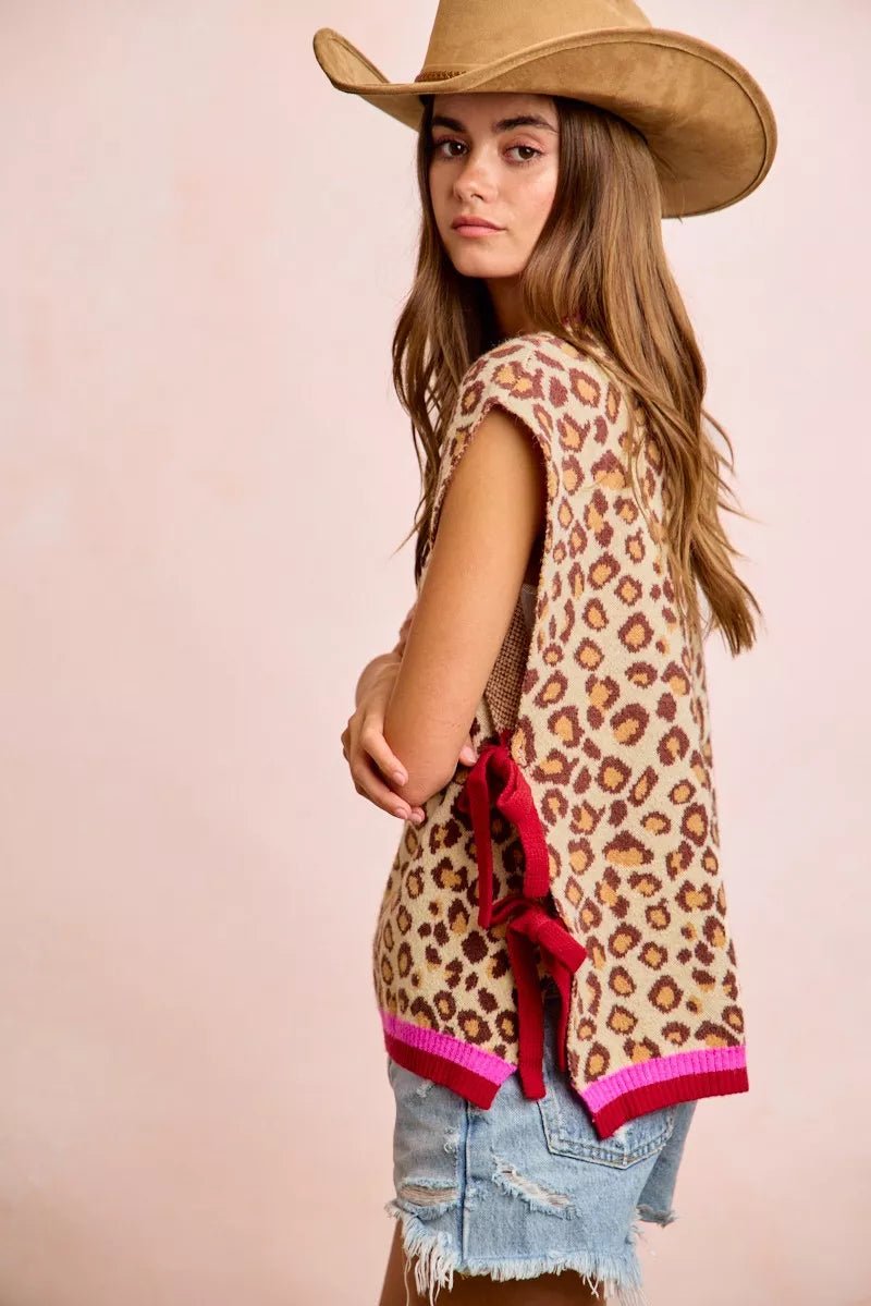 BiBi Leopard Pattern Side Tied Sweater Vest Top - Bitsy Gypsy Boutique