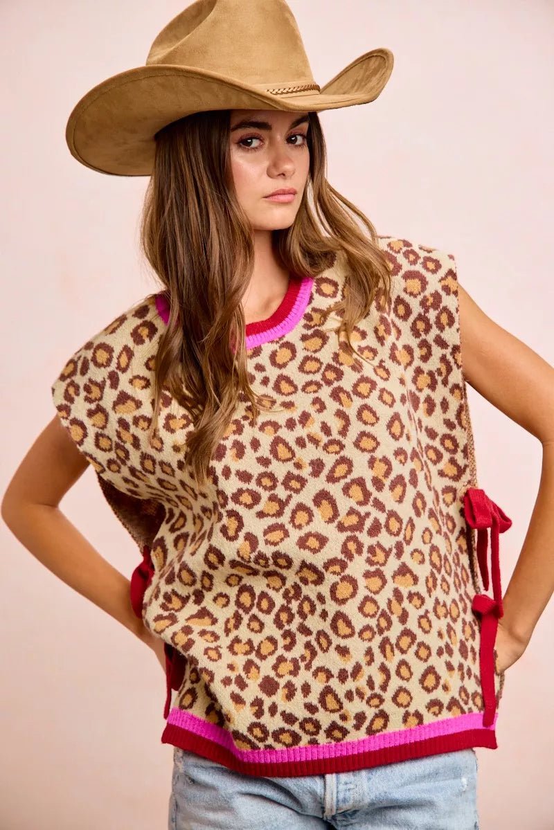 BiBi Leopard Pattern Side Tied Sweater Vest Top - Bitsy Gypsy Boutique