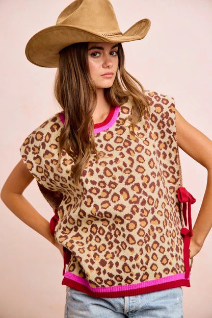 BiBi Leopard Pattern Side Tied Sweater Vest Top - Bitsy Gypsy Boutique