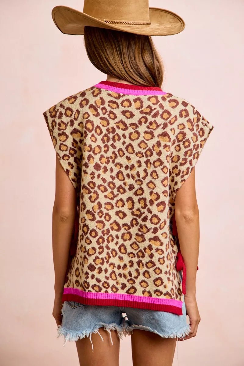 BiBi Leopard Pattern Side Tied Sweater Vest Top - Bitsy Gypsy Boutique
