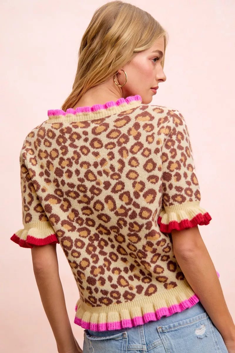BiBi Leopard Patterned Ruffled Detail Button Cardigan - Bitsy Gypsy Boutique