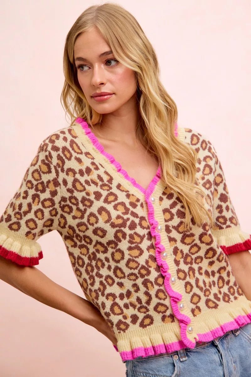 BiBi Leopard Patterned Ruffled Detail Button Cardigan - Bitsy Gypsy Boutique